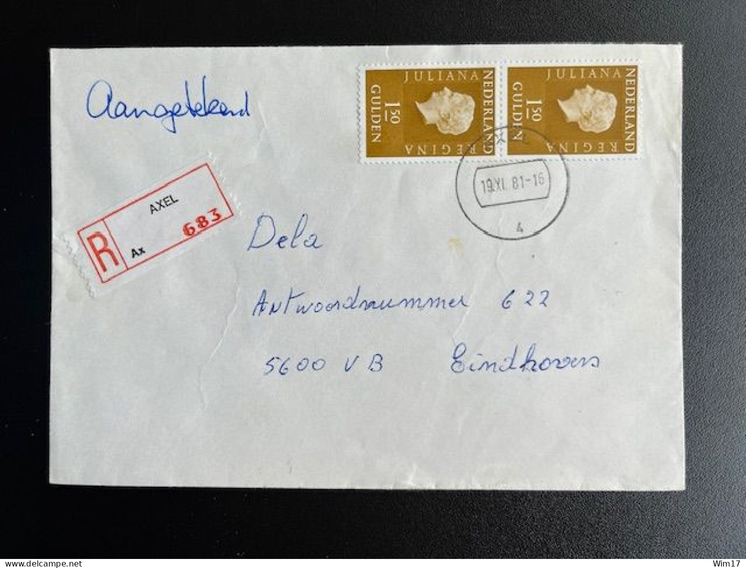NETHERLANDS 1981 REGISTERED LETTER AXEL TO EINDHOVEN 19-11-1981 NEDERLAND AANGETEKEND - Cartas & Documentos