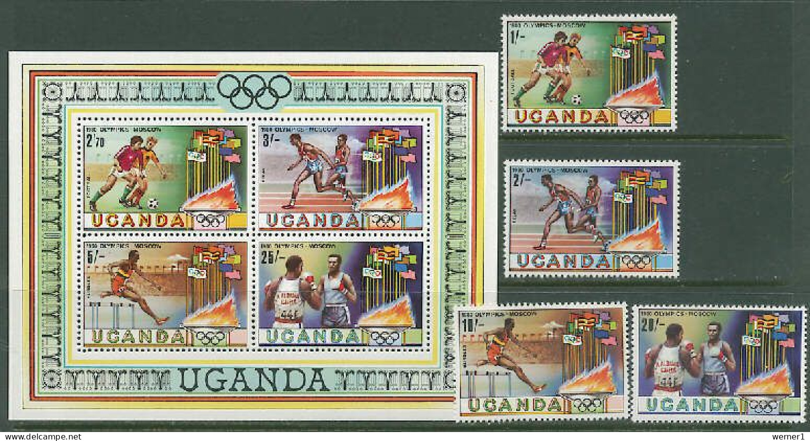 Uganda 1980 Olympic Games Moscow, Football Soccer, Boxing, Athletics Set Of 4 + S/s MNH - Summer 1980: Moscow