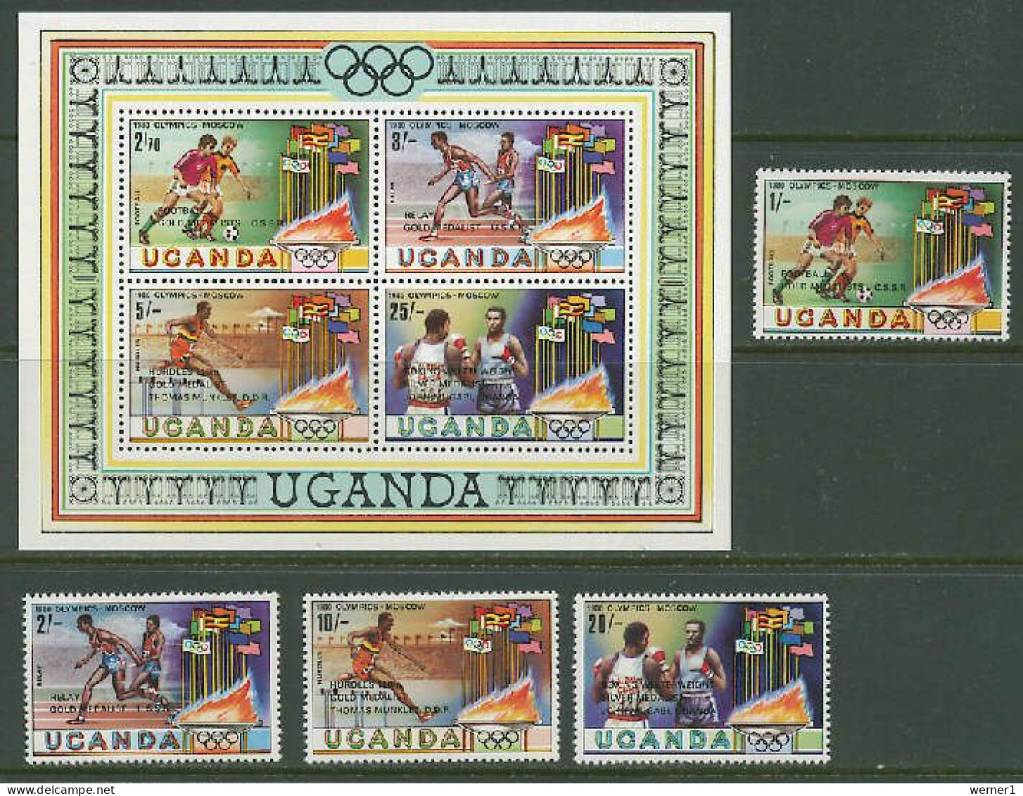 Uganda 1980 Olympic Games Moscow, Football Soccer, Boxing, Athletics Set Of 4 + S/s With Winners Overprint MNH - Sommer 1980: Moskau