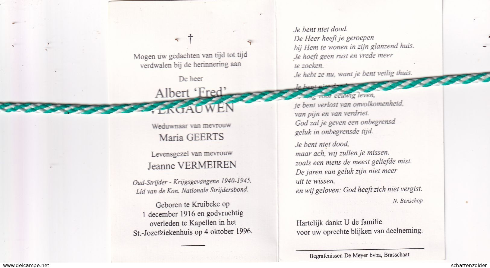 Albert "Fred" Vergauwen-Geerts-Vermeiren, Kruibeke 1916, Kapellen 1996. Oud-strijder 40-45 - Overlijden