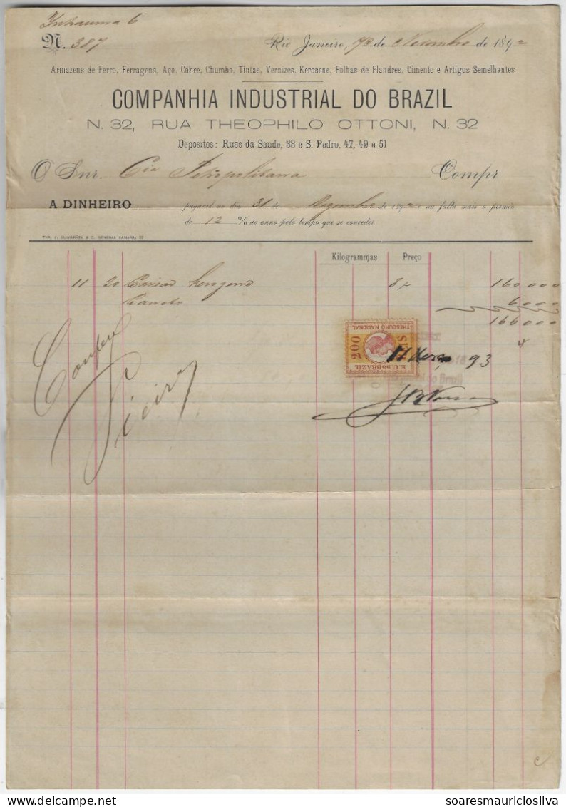 1893 Industrial Company Of Brazil Invoice Issued In Rio De Janeiro National Treasury Tax Stamp 200 Réis - Covers & Documents