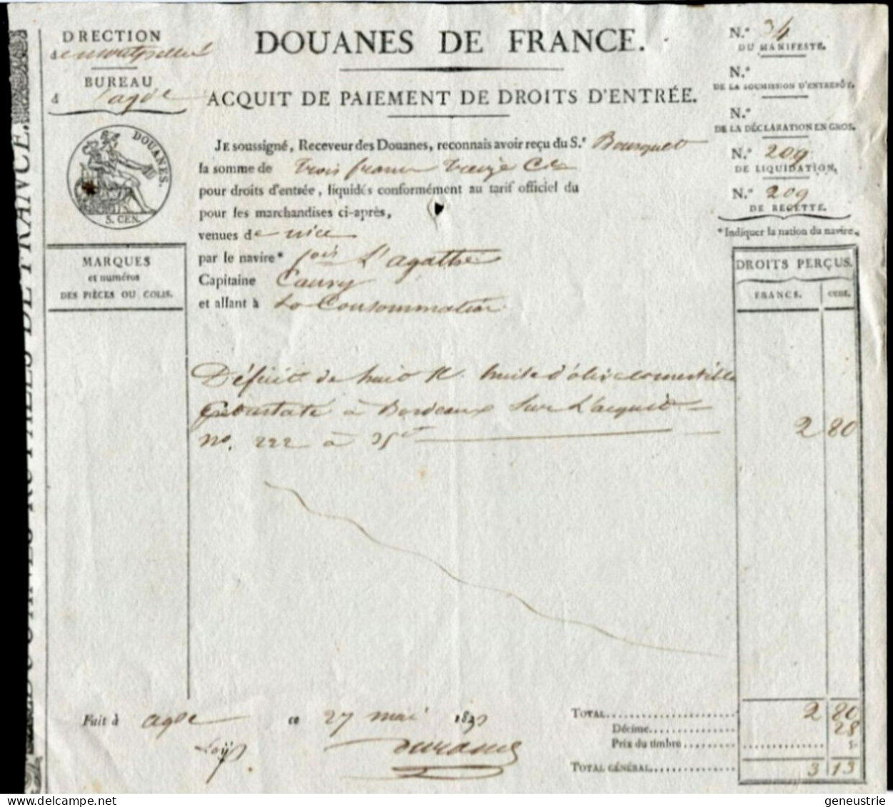 Document Douane XIXe - Ville D'Agde (Hérault) - Document Maritime 1833 "Douanes De France" Timbre Fiscal - 1800 – 1899