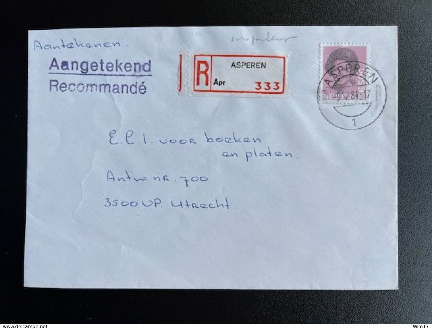 NETHERLANDS 1984 REGISTERED LETTER ASPEREN TO UTRECHT 09-05-1984 NEDERLAND AANGETEKEND - Brieven En Documenten