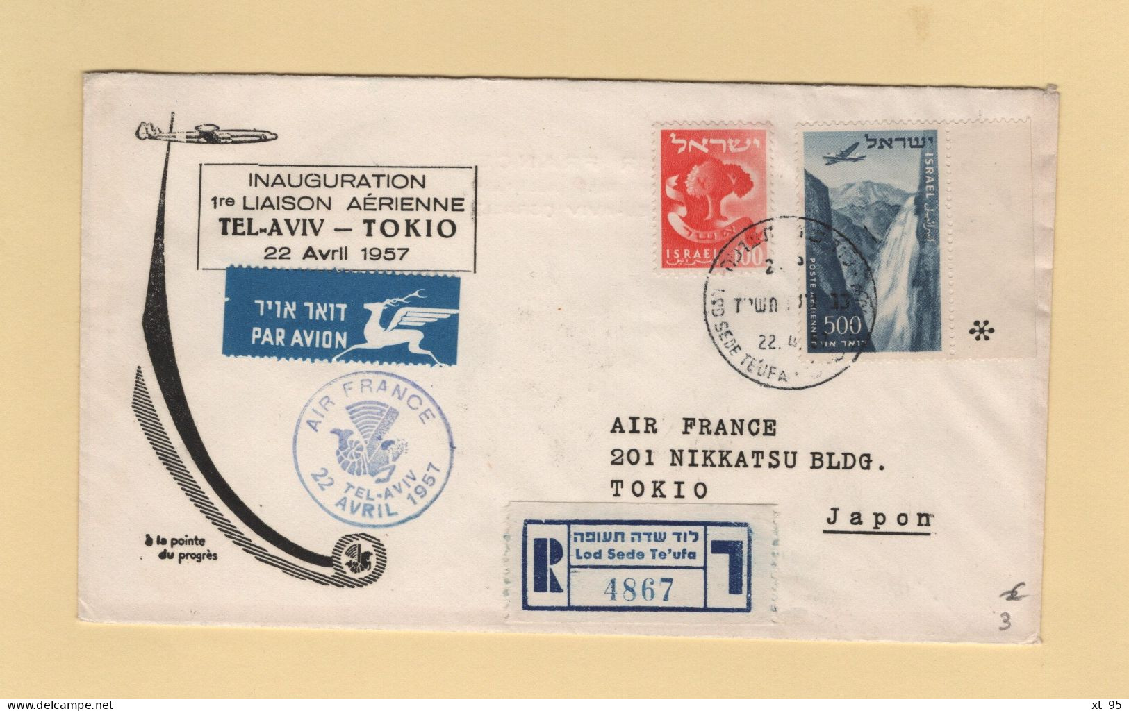 Israel - 1957 - 1er Vol Tel Aviv Tokio - 22 Avril 1957 - Covers & Documents