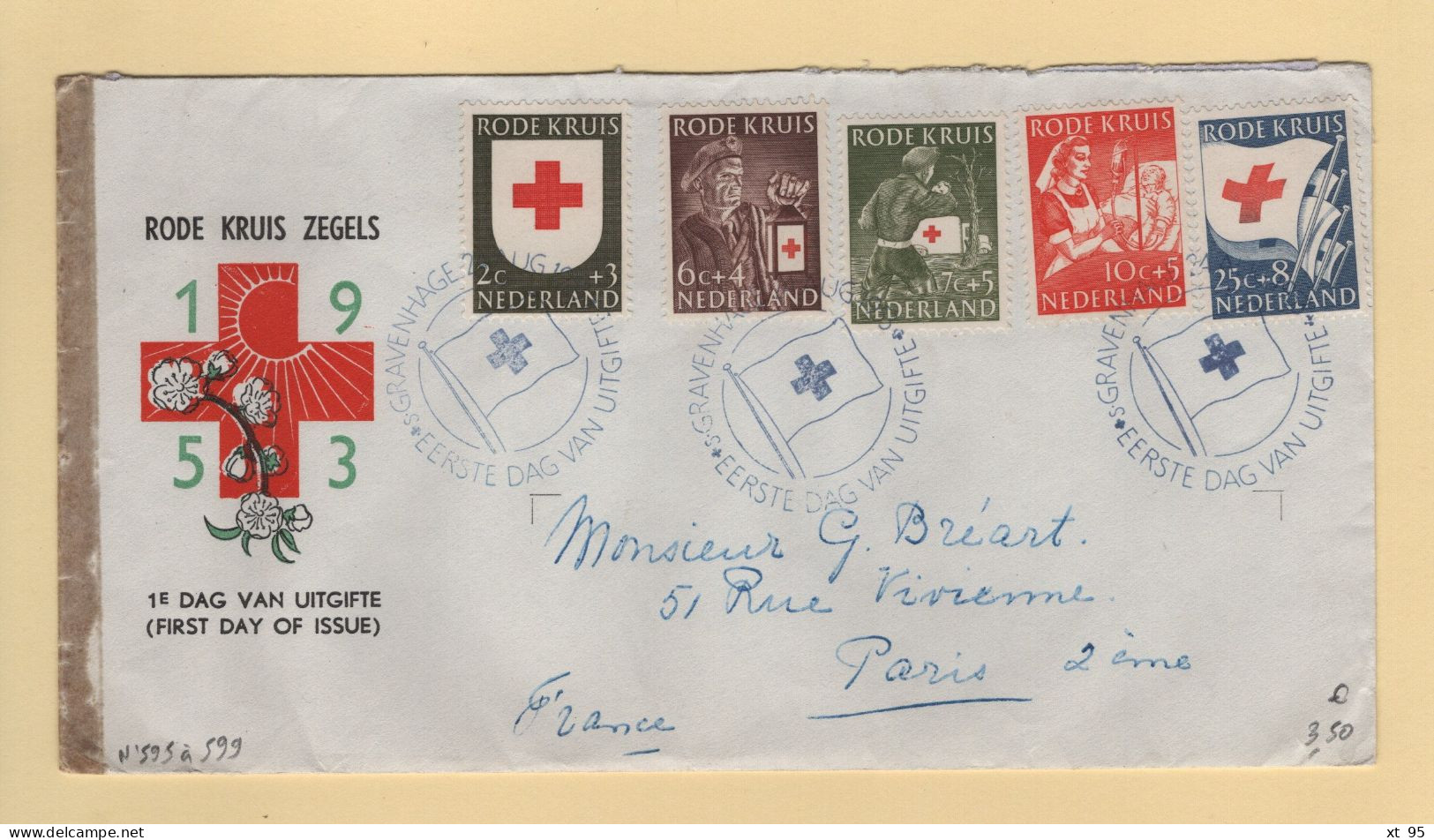 Pays Bas - 1953 - Croix Rouge - FDC - N°595 à 599 - FDC