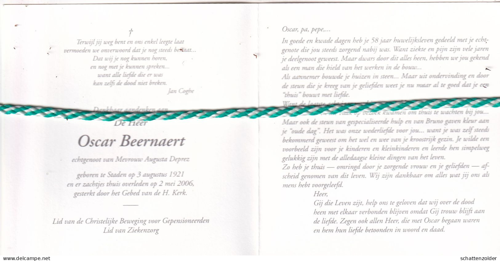 Oscar Beernaert-Deprez, Staden 1921, 2006. Foto - Obituary Notices