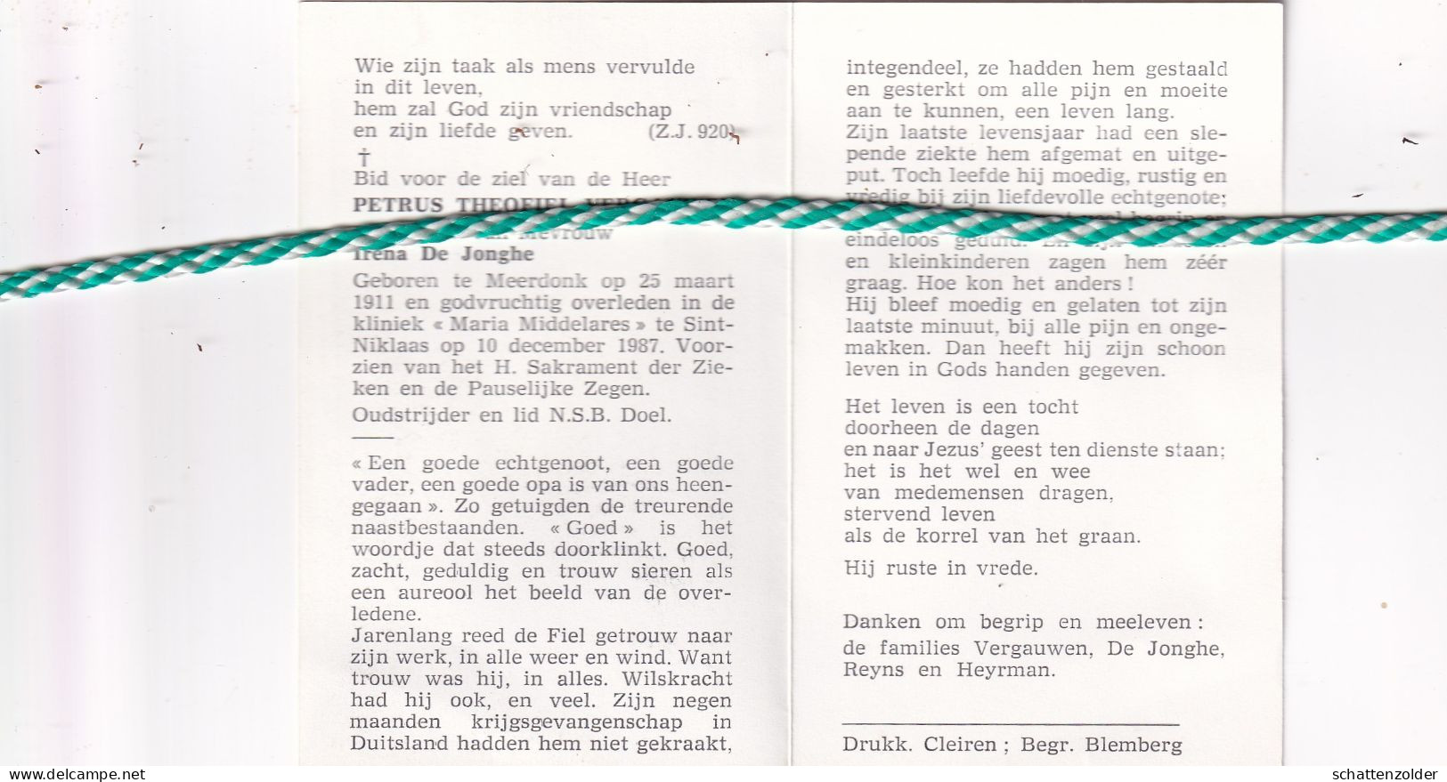 Petrus Theofiel Vergauwen-De Jonghe, Meerdonk 1911, Sint-Niklaas 1987. Oud-strijder 40-45 - Obituary Notices