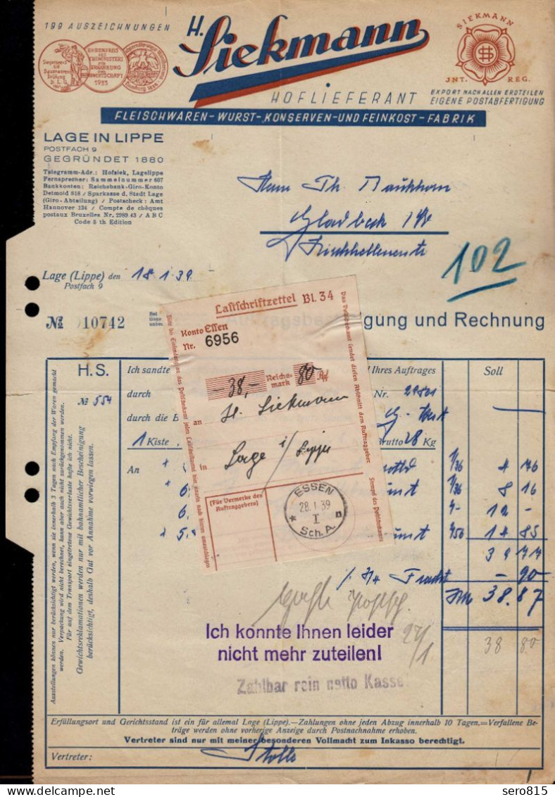 Alte Rechnung 1939 Fleischwaren Siekmann Lage Lippe   (24076 - 1900 – 1949