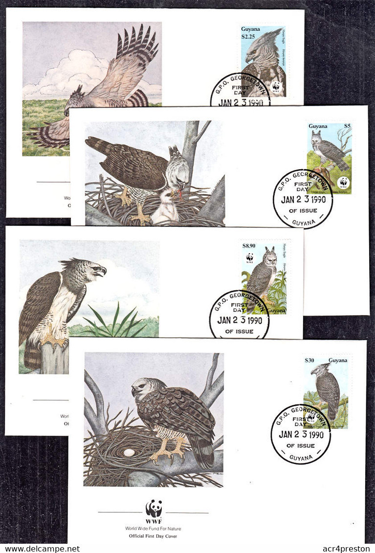 Ca0453 GUYANA 1990, SG 2672-5 Endangered Species, Harpy Eagle, WWF FDCs - Guyane (1966-...)