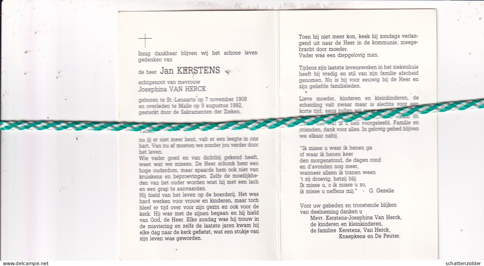 Jan Kerstens-Van Herck, Sint-Lenaarts 1908, Malle 1992. Foto - Obituary Notices
