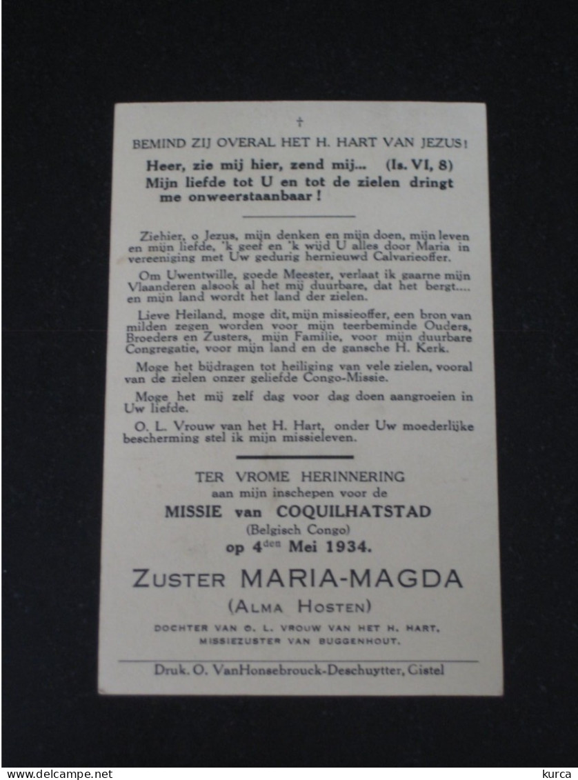 Bidprentje 1934 ZUSTER Missie CONGO COQUILHATSTAD - Images Religieuses