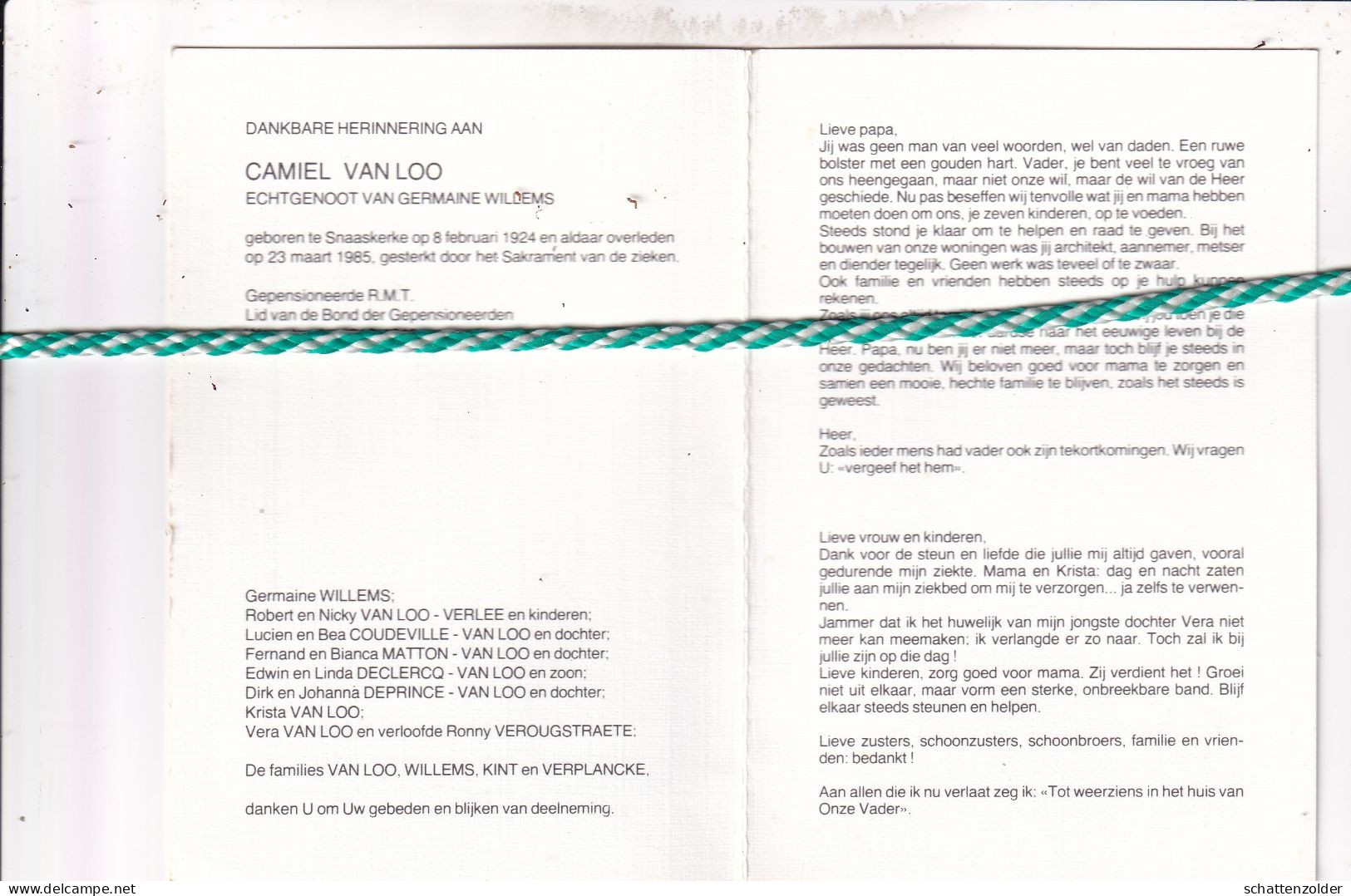 Camiel Van Loo-Willems, Snaaskerke 1924, 1985. Weerstander 40-45; Tekening - Todesanzeige