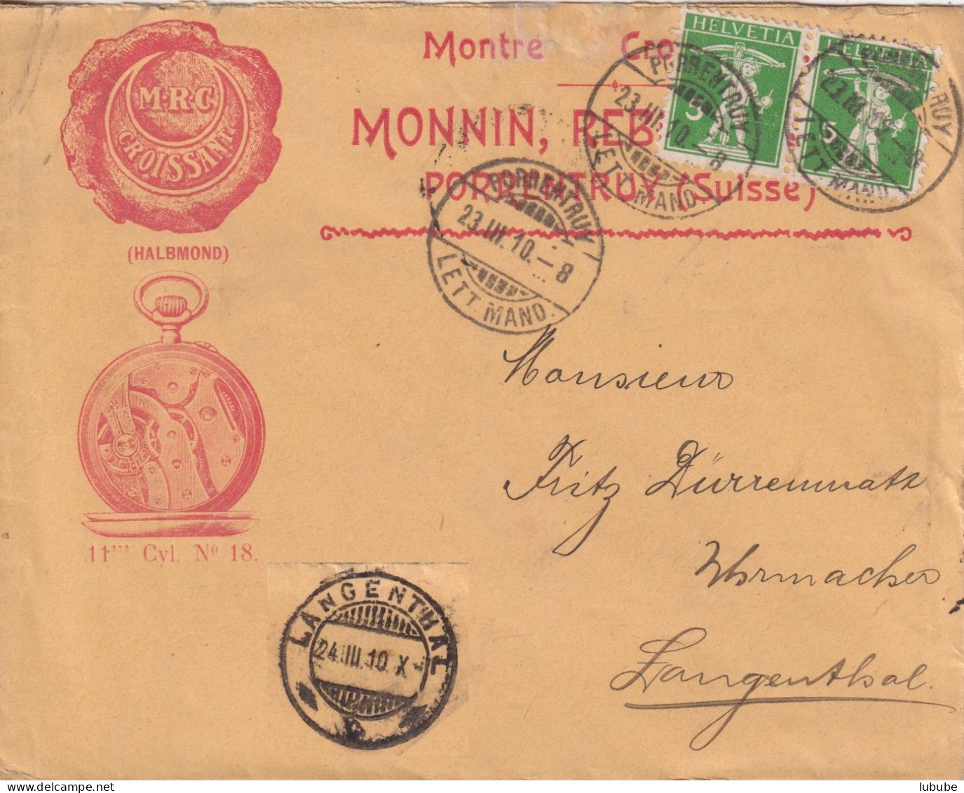 Motiv Brief  "Monnin,Rebetez, Montre Croissant, Porrentruy"       1910 - Cartas & Documentos