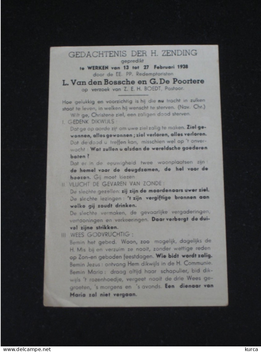 Bidprentje 1938 WERKEN Bij KORTEMARK Zending VAN DEN BOSSCHE & DE POORTERE - Devotion Images