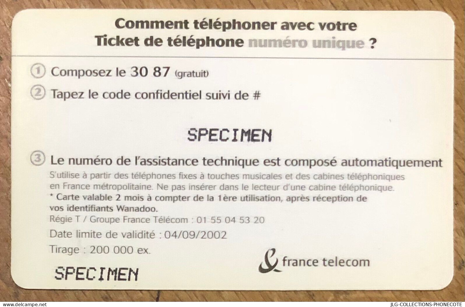 TICKET TÉLÉPHONE WANADOO PACK MODEM 04/09/2002 SPÉCIMEN PREPAID PREPAYÉE CALLING CARD TELECARTE SCHEDA PHONE CARD - FT