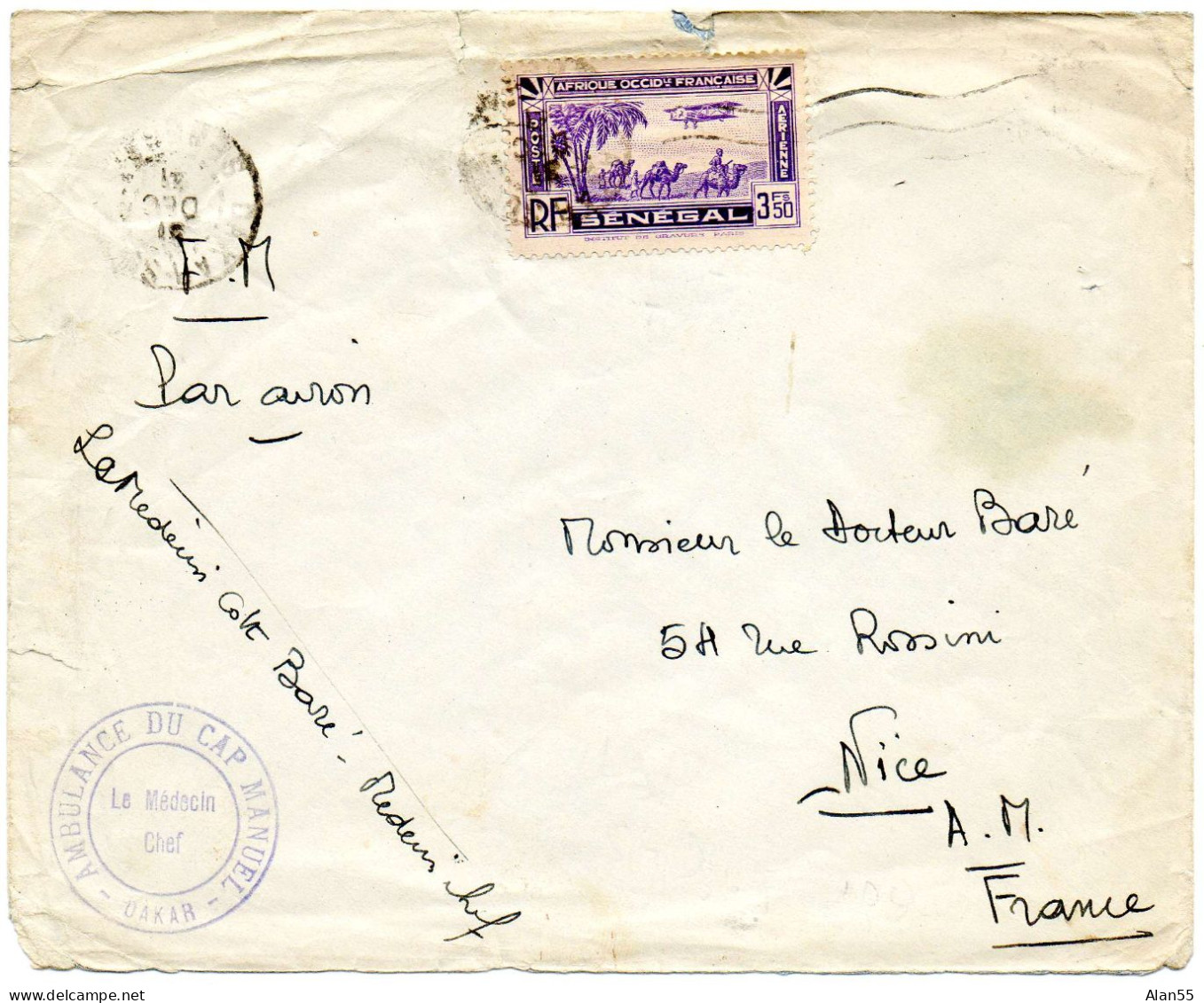 SENEGAL. 1945. "AMBULANCE DU CAP MANUEL- DAKAR". - Covers & Documents