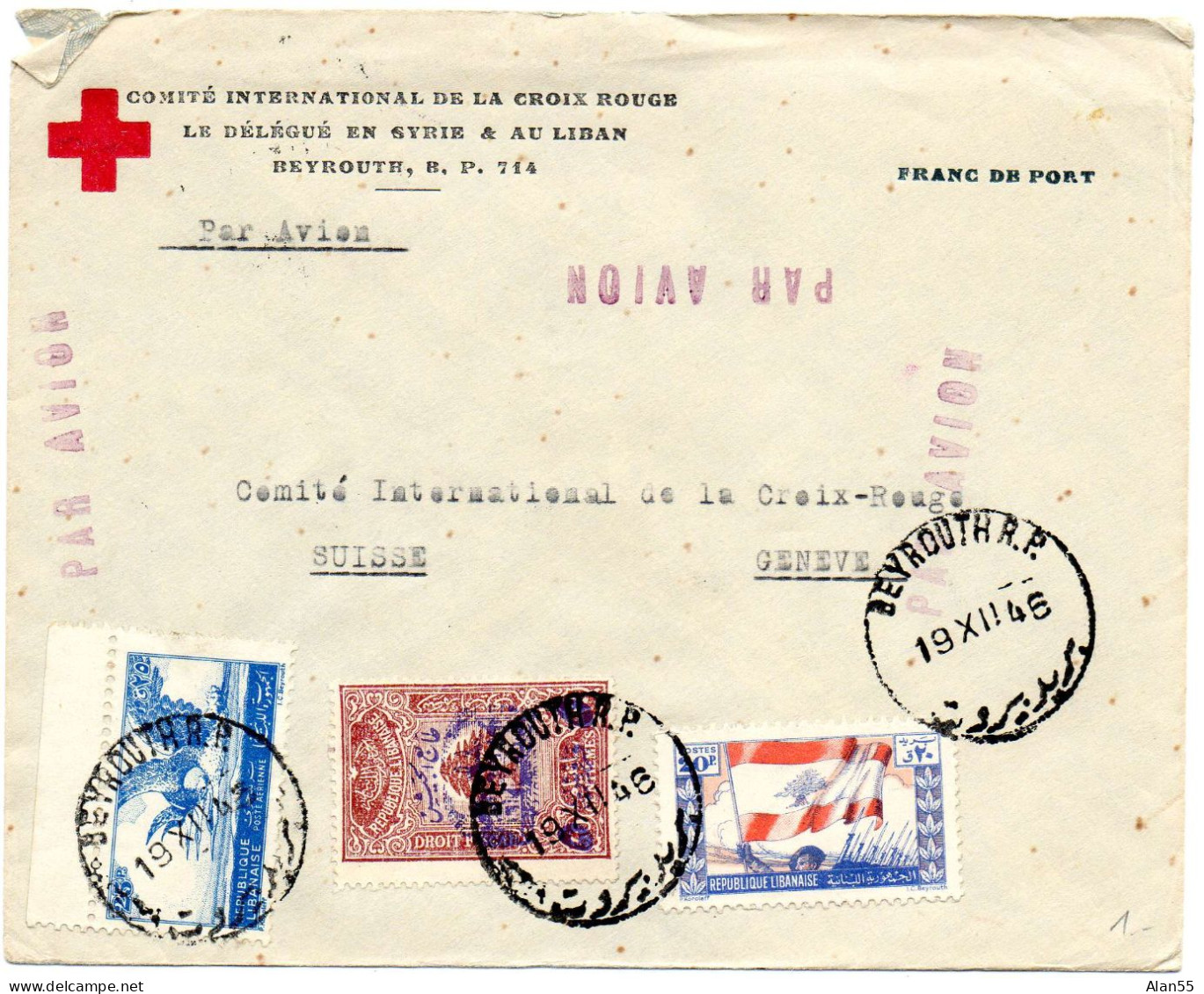 LIBAN. 1946. "DELEGUE COMITE INT.CROIX-ROUGE SYRIE-LIBAN POUR C.I.C.R. GENEVE (SUISSE) - Lebanon