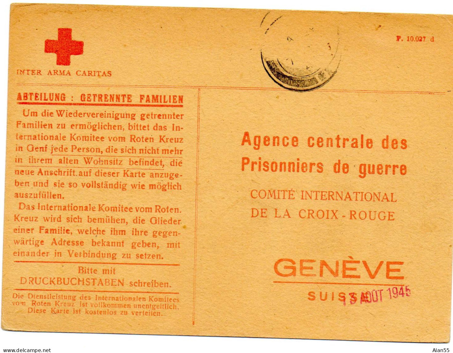 PALESTINE. 1945. FICHE FAMILIALE .SERVICE POLONAIS. CICR GENEVE (SUISSE). - Palästina