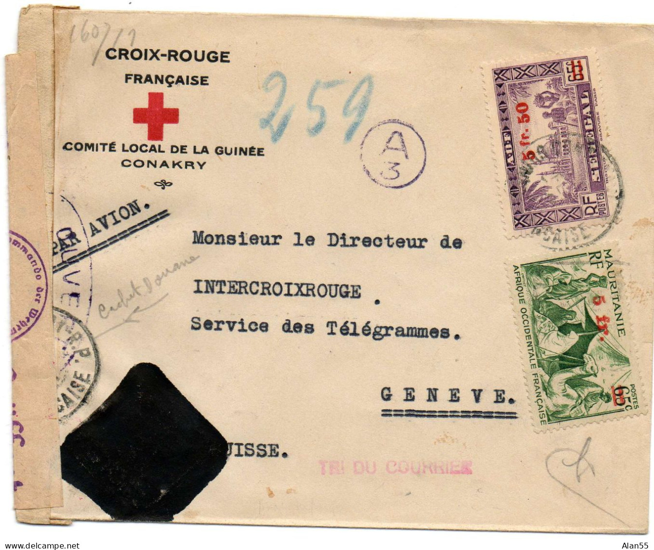 GUINEE. 1940. COMITE INTERNATIONAL CROIX-ROUGE GENEVE (SUISSE) DOUBLE CENSURE. CACHET DOUANE FRANCAISE - Cartas & Documentos