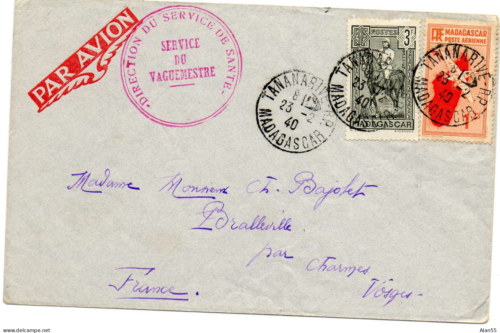 MADAGASCAR. 1940. DIRECTION SERVICE DE SANTE POUR FRANCE .L.A.C. - Brieven En Documenten