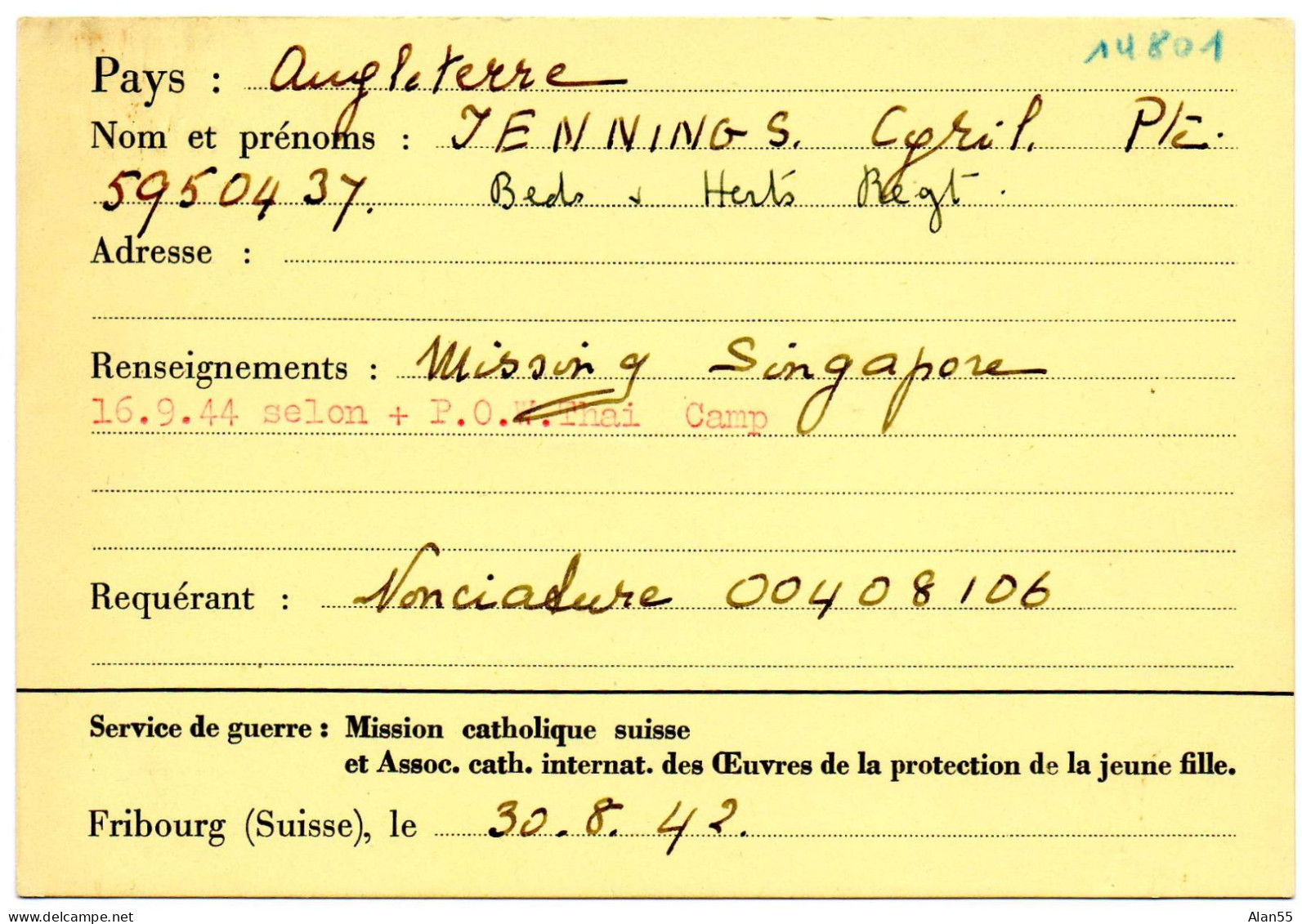 SUISSE.1942.MISSION CATHOLIQUE ...FICHE.RECHERCHE ANGLAIS. SINGAPOUR - Singapur (...-1959)