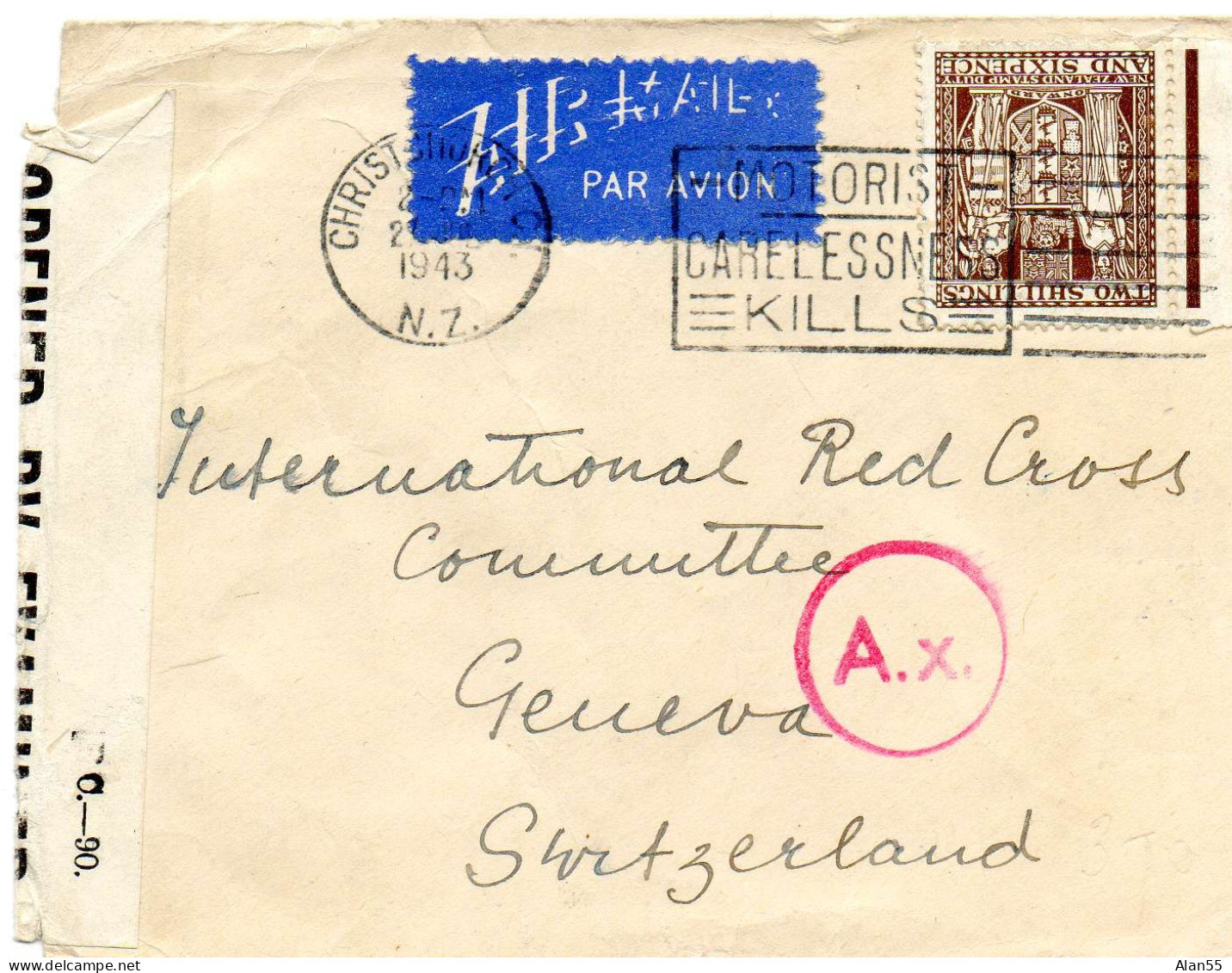 NEW ZELAND. 1943. CICR GENEVE (SUISSE); DOUBLE CENSURE - Brieven En Documenten