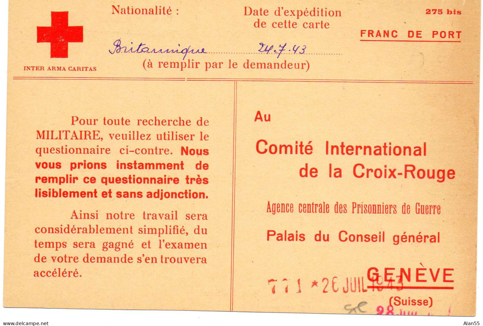 SINGAPOUR. 1943.  AVIS DE RECHERCHE POUR COMITE INTERNATIONAL CROIX-ROUGE GENEVE (SUISSE).  - Singapour (...-1959)