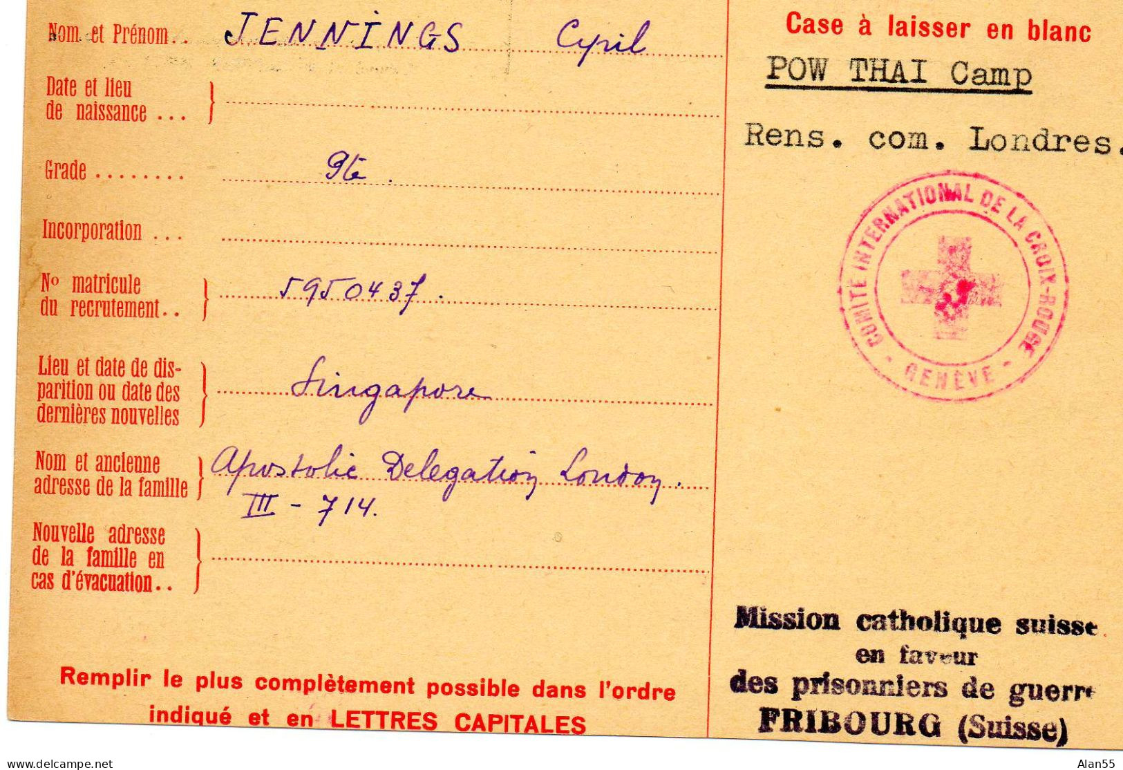 SINGAPOUR. 1943.  AVIS DE RECHERCHE POUR COMITE INTERNATIONAL CROIX-ROUGE GENEVE (SUISSE).  - Singapur (...-1959)