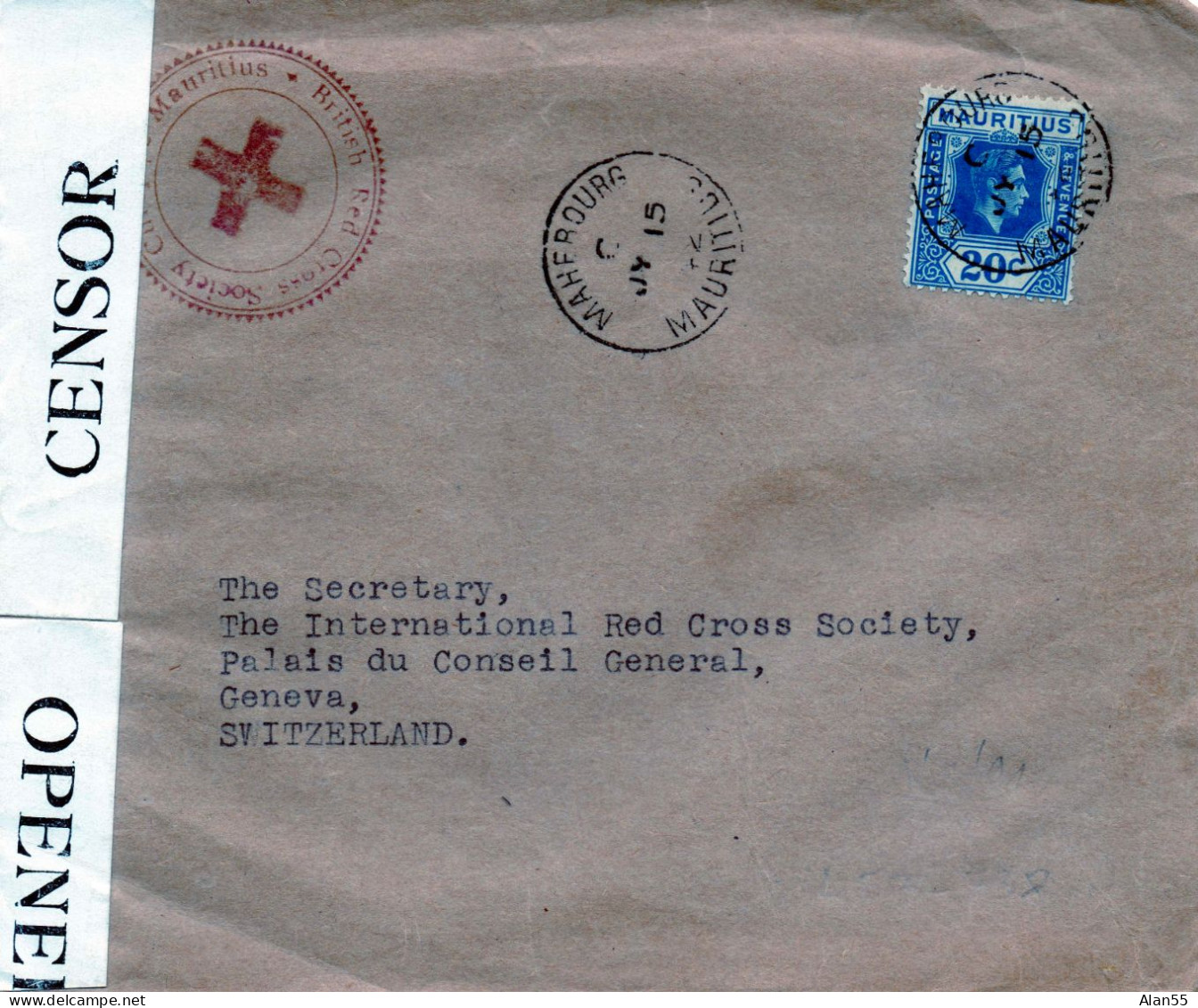 MAURITIUS. 1942. "BRITISH RED CROSS SOCIETY". POUR CICR GENEVE (SUISSE); CENSURE - Maurice (...-1967)