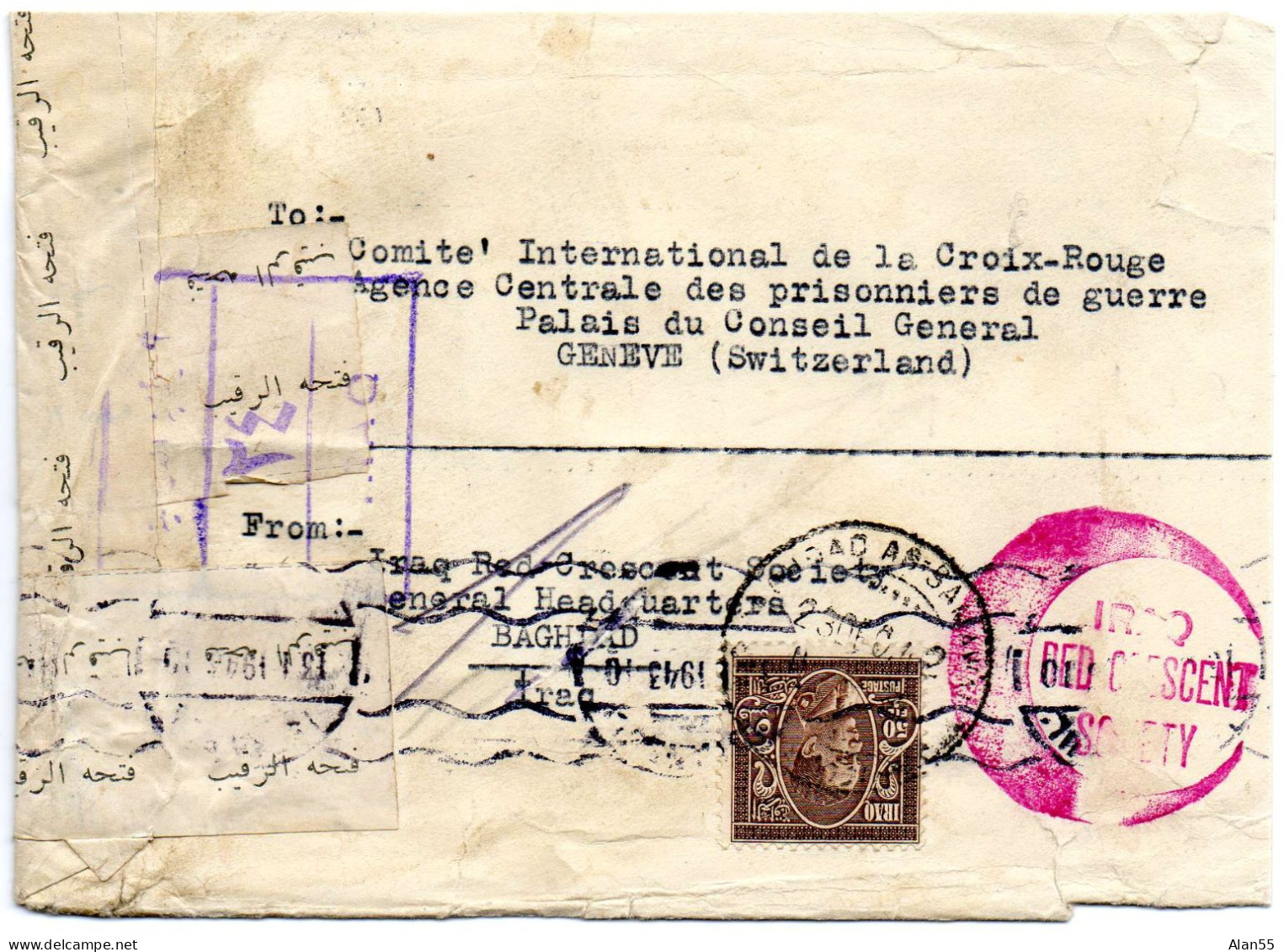 IRAQ. 1943. RED CRESCENT BAGHDAD POUR COMITE INT. CROIX-ROUGE. (SUISSE). CENSURE  - Irak