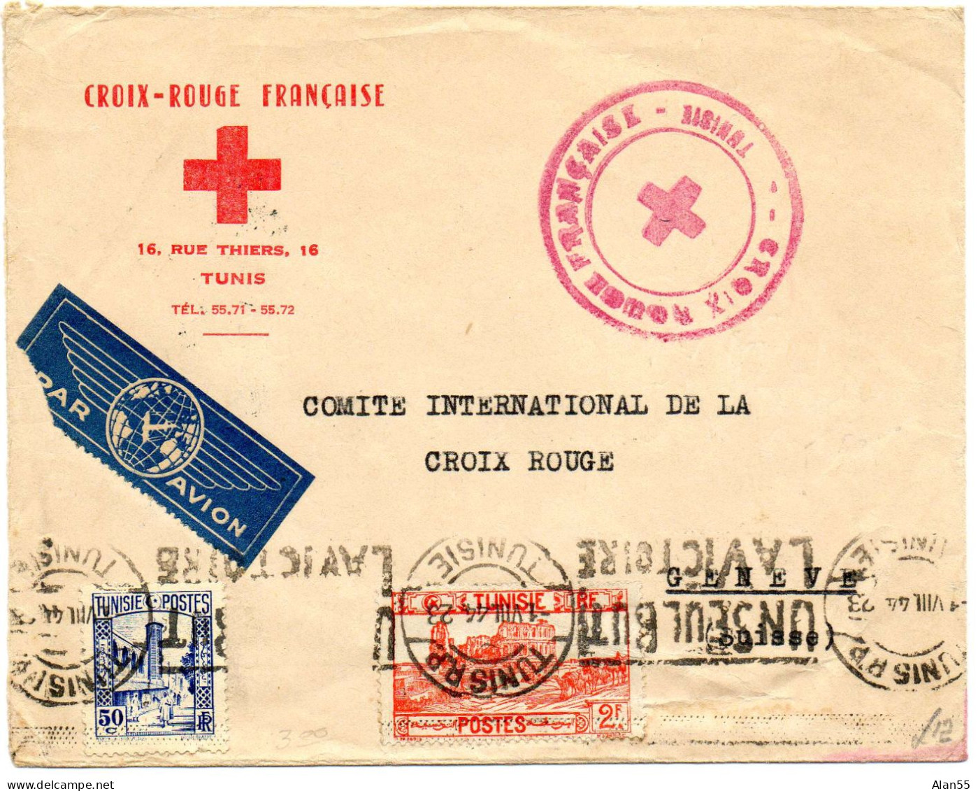 TUNISIE. 1944. NON CENSURE. TEXTE NON CAVIARDE "UN SEUL BUT LA VICTOIRE".COMITE INTER. CROIX-ROUGE GENEVE (SUISSE)  - Lettres & Documents