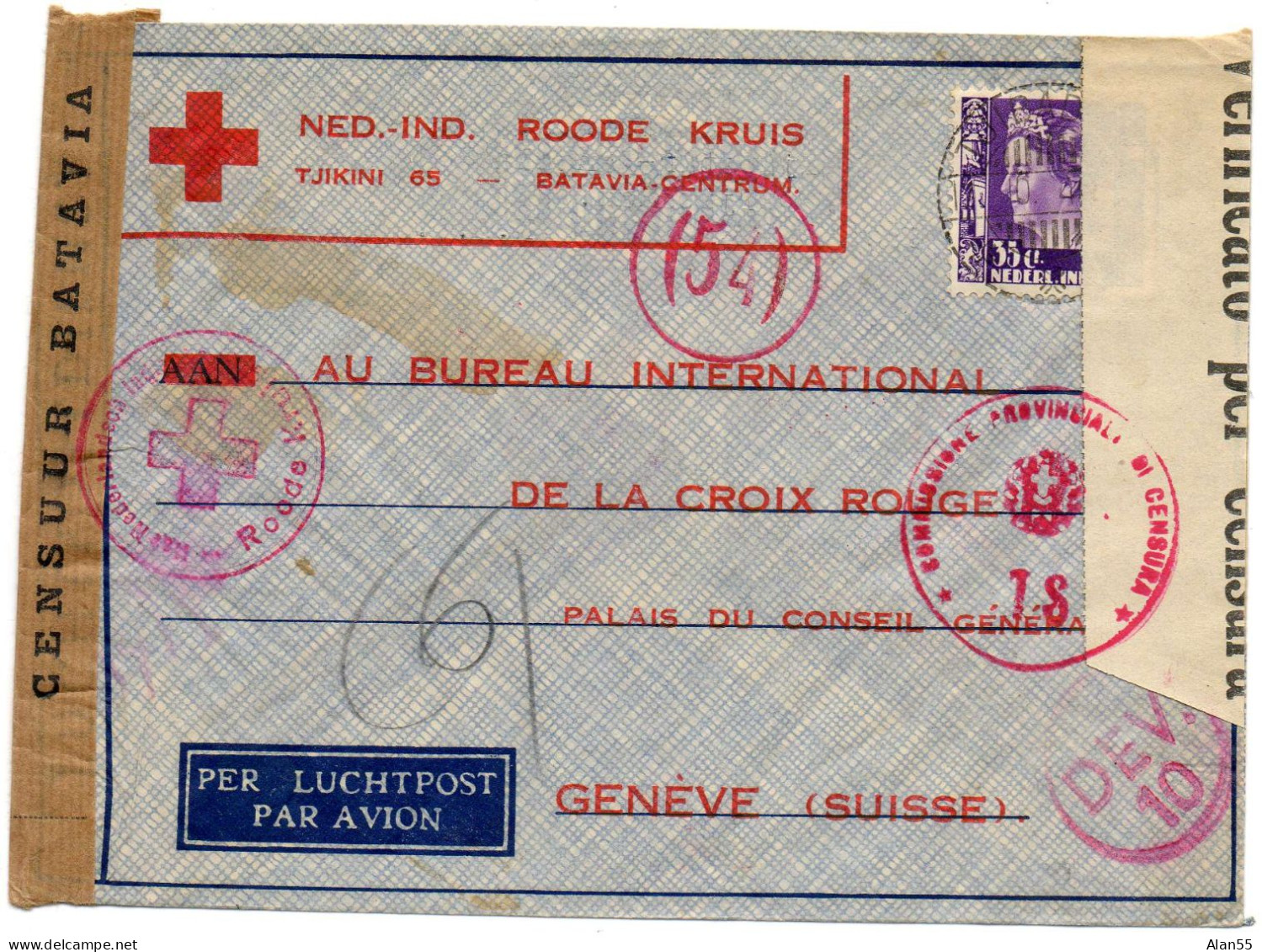 INDES NEERLANDAISES.1940. ROODE KRUIS BATAVIA POUR C.I.C.R. GENEVE (SUISSE).  2 CENSURES. - Nederlands-Indië