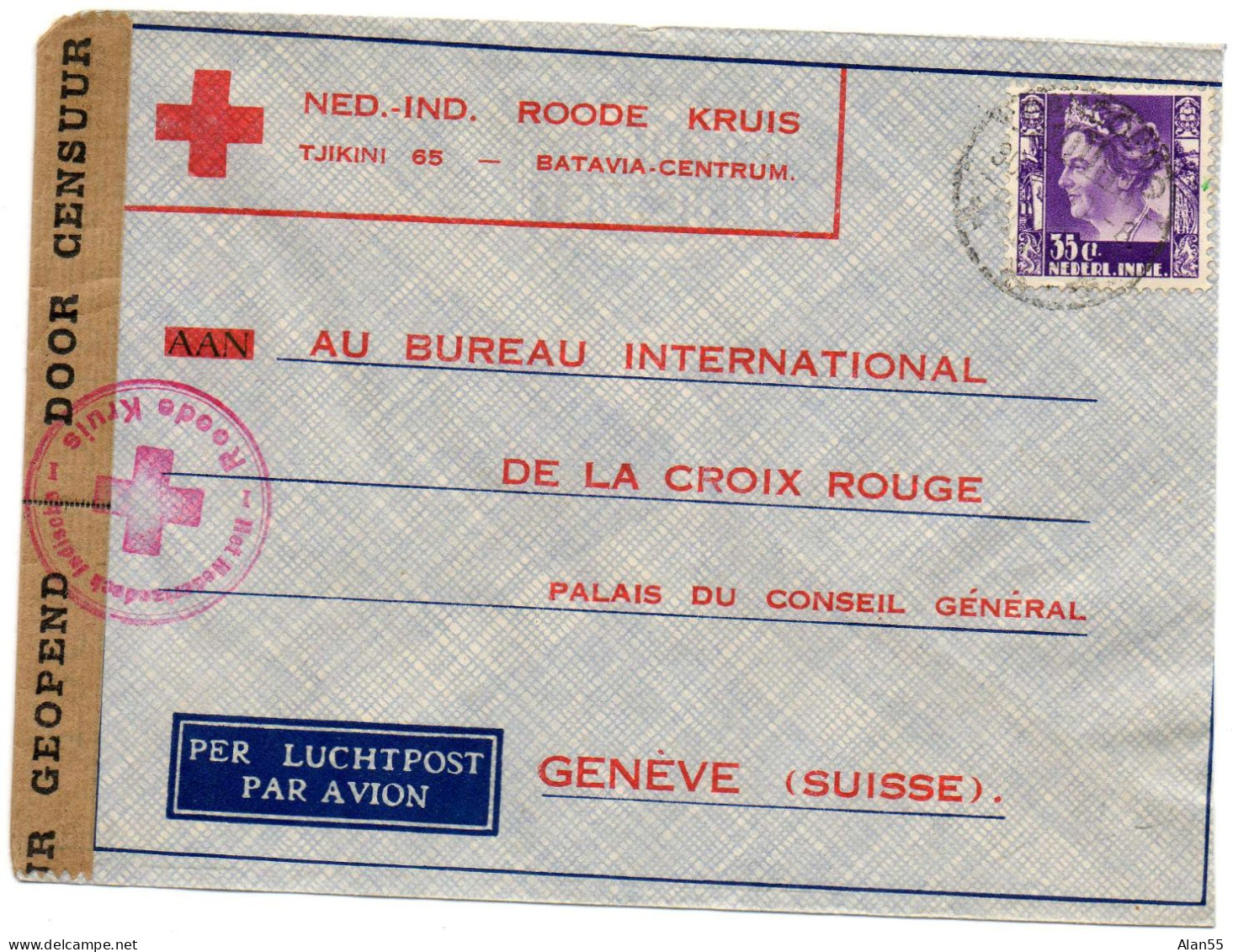 INDES NEERLANDAISES.1940. ROODE KRUIS BATAVIA.  POUR C.I.C.R. GENEVE (SUISSE).   CENSURE. - Indie Olandesi