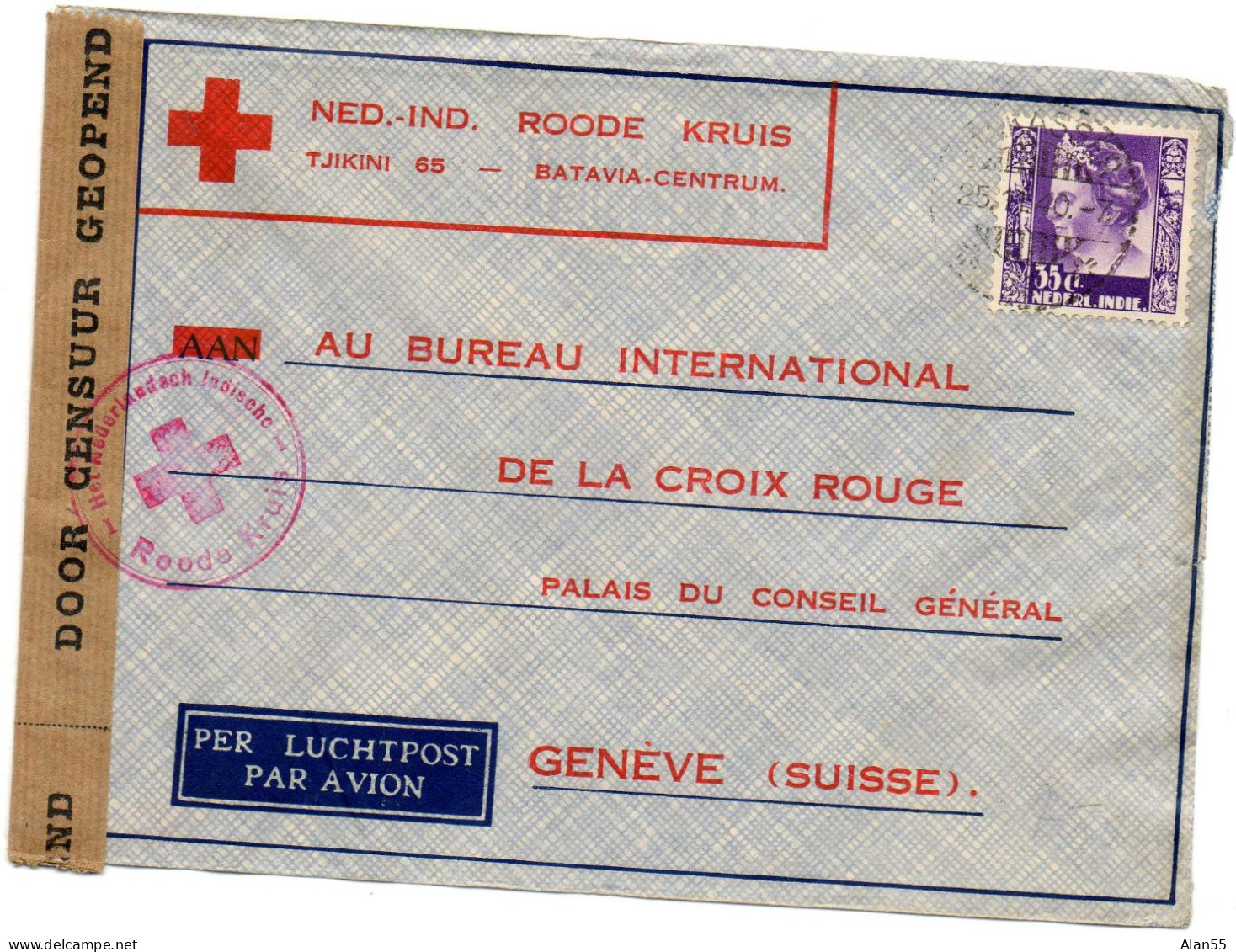 INDES NEERLANDAISES.1940. ROODE KRUIS BATAVIA.  POUR C.I.C.R. GENEVE (SUISSE).   CENSURE. - Indie Olandesi