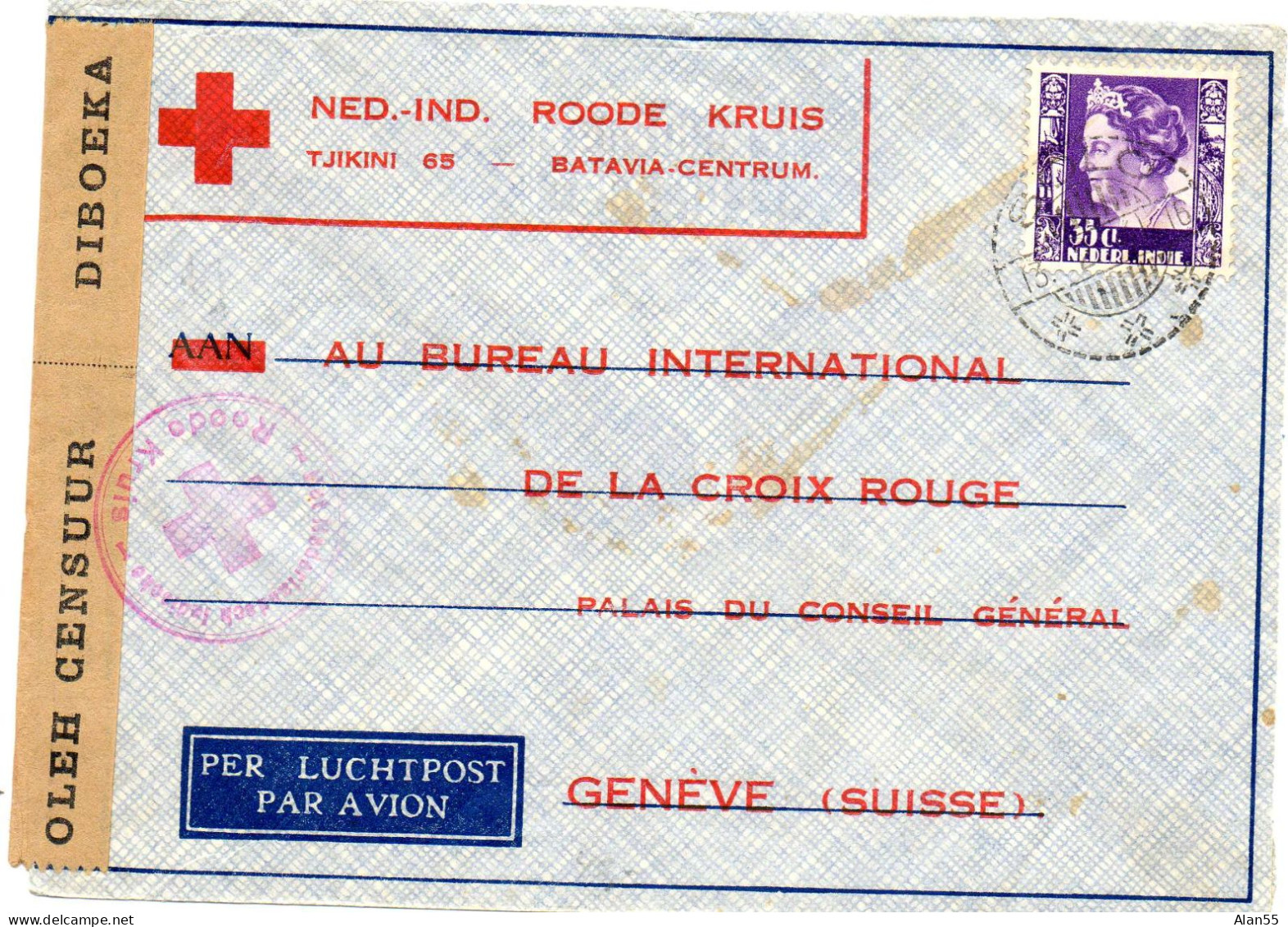 INDES NEERLANDAISES.1940. ROODE KRUIS BATAVIA.  POUR C.I.C.R. GENEVE (SUISSE).   CENSURE. - Indes Néerlandaises