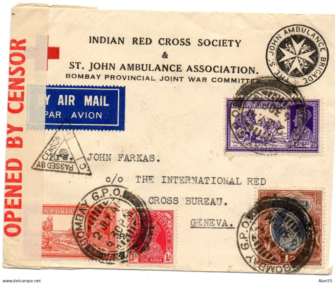 INDIA.1941. RED CROSS BOMBAY POUR COMITE INTERNATIONAL CROIX-ROUGE GENEVE (SUISSE).CENSURE. - Autres & Non Classés