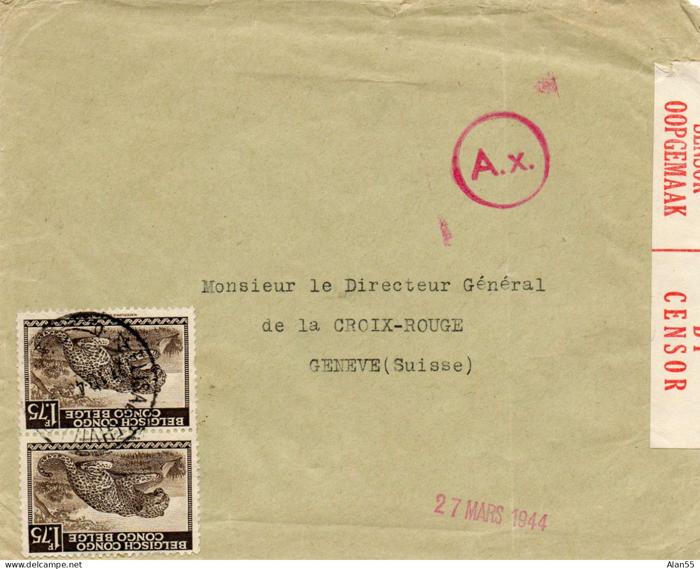 CONGO BELGE. 1944. CROIX-ROUGE  A ELISABETHVILLE POUR C.I.C.R.(SUISSE) VIA PARIS COMMISSION ALLEMANDE. DOUBLE CENSURE. - Briefe U. Dokumente