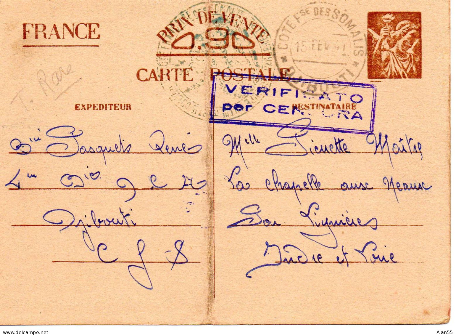 COTE FRANCAISE DES SOMALIS. 1941. RARE ENTIER POSTAL. CORRESPONDANCE FAMILIALE. CENSURE. - Lettres & Documents