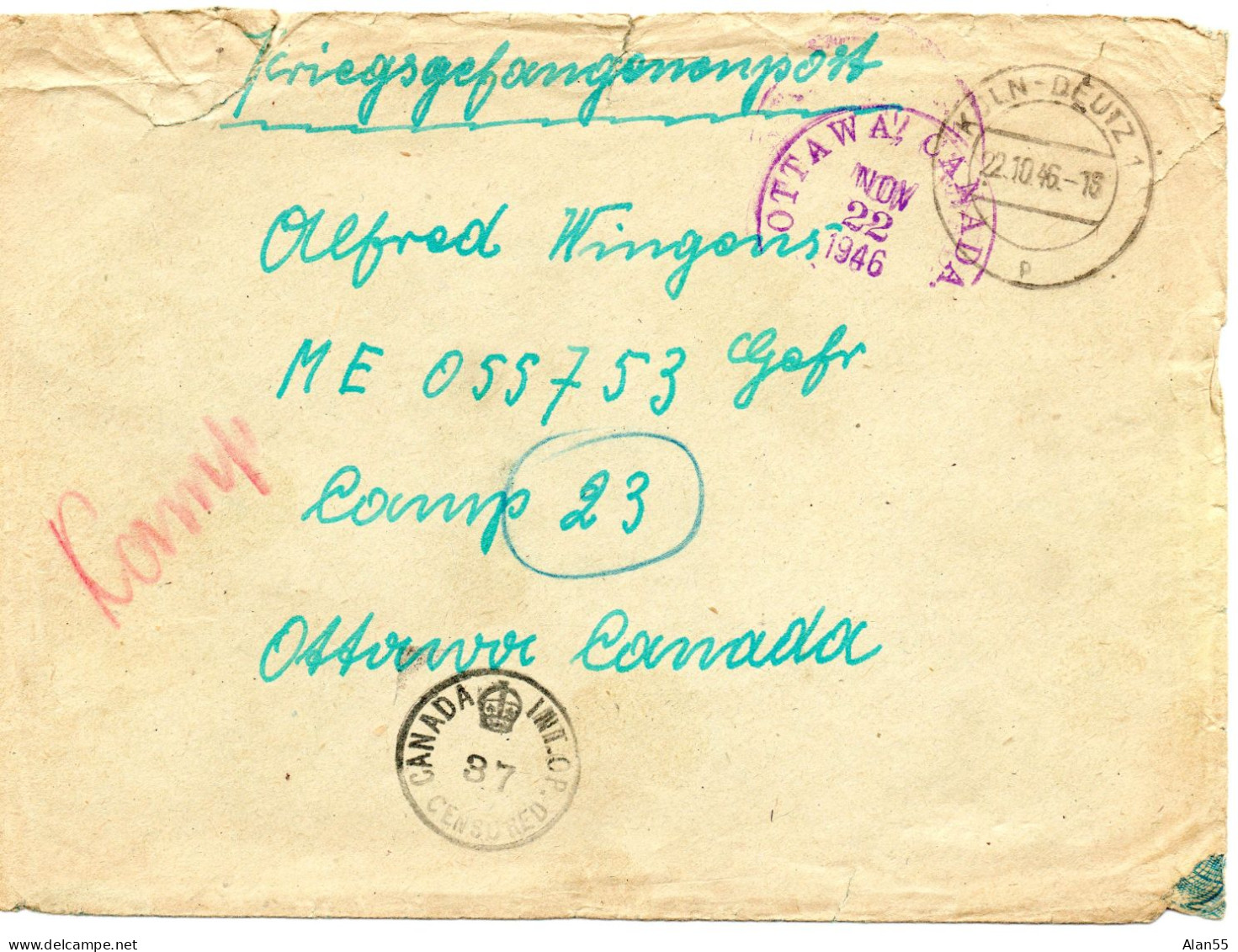 ALLEMAGNE. 1946. PRISONNIER DE GUERRE ALLEMAND INTERNE  CAMP 23 CANADA.  CENSURE - Covers & Documents