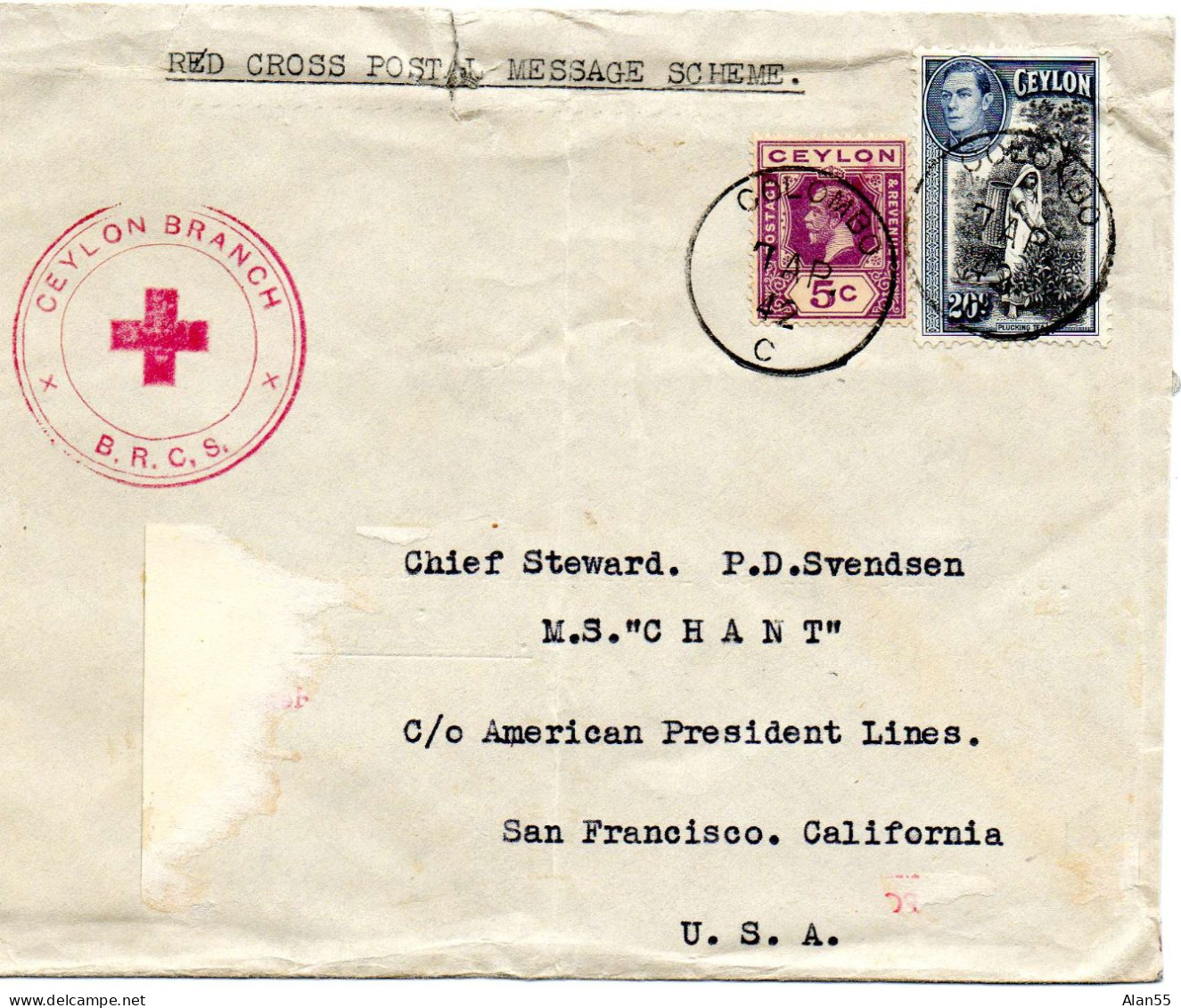 CEYLAN.1942. RED CROSS BRANCH. MESSAGE POUR USA. - Ceylon (...-1947)