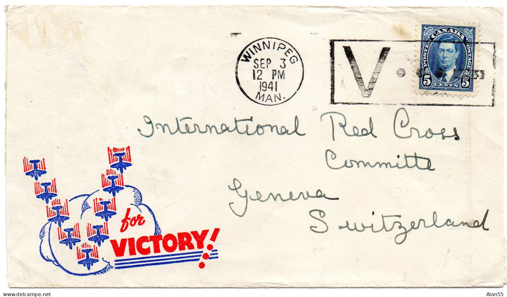 CANADA. 1941."V". VICTORY. POUR C.I.C.R. GENEVE (SUISSE).  - Brieven En Documenten