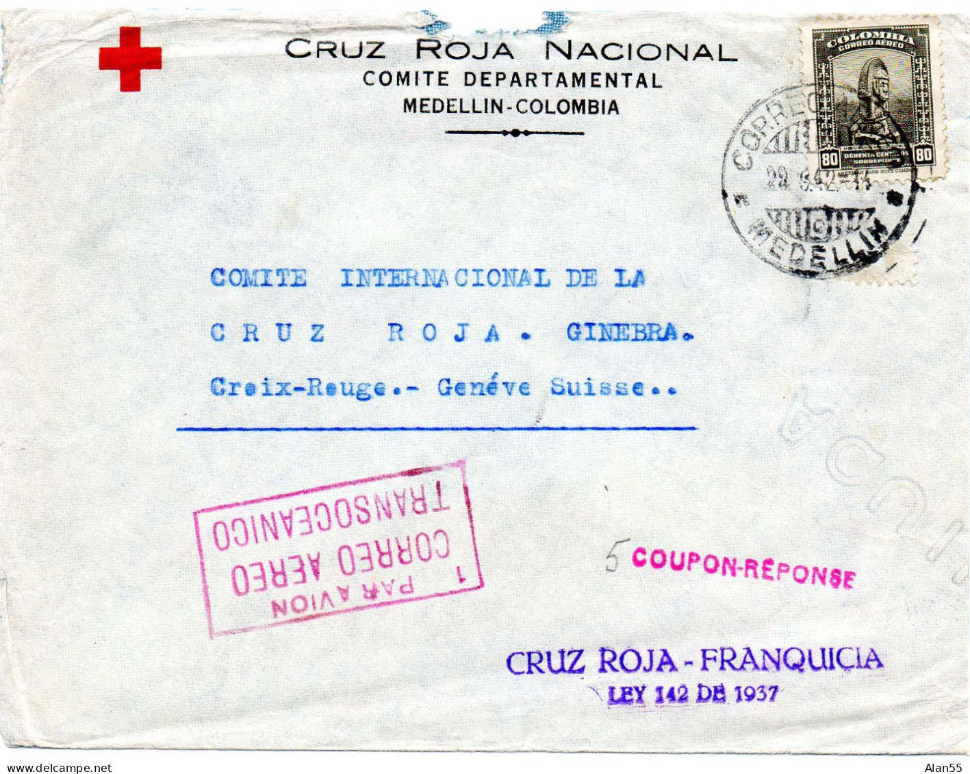 COLOMBIE. 1942. CRUZ ROJA FRANQUICIA VIA COMITE INT. CROIX-ROUGE (SUISSE) - Colombie