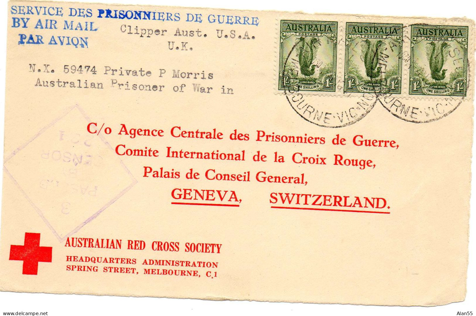 AUSTRALIE. 1941. RED CROSS SOCIETY. SERVICE PRISONNIERS DE GUERRE..(devant De Lettre) - Storia Postale