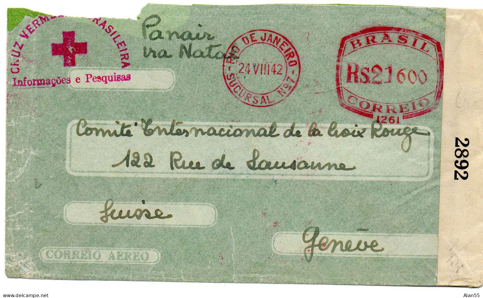 BRESIL. 1942. CRUZ VERMELHA. POUR C.I.C.R. GENEVE (SUISSE). CENSURE ANGLAISE. - Covers & Documents