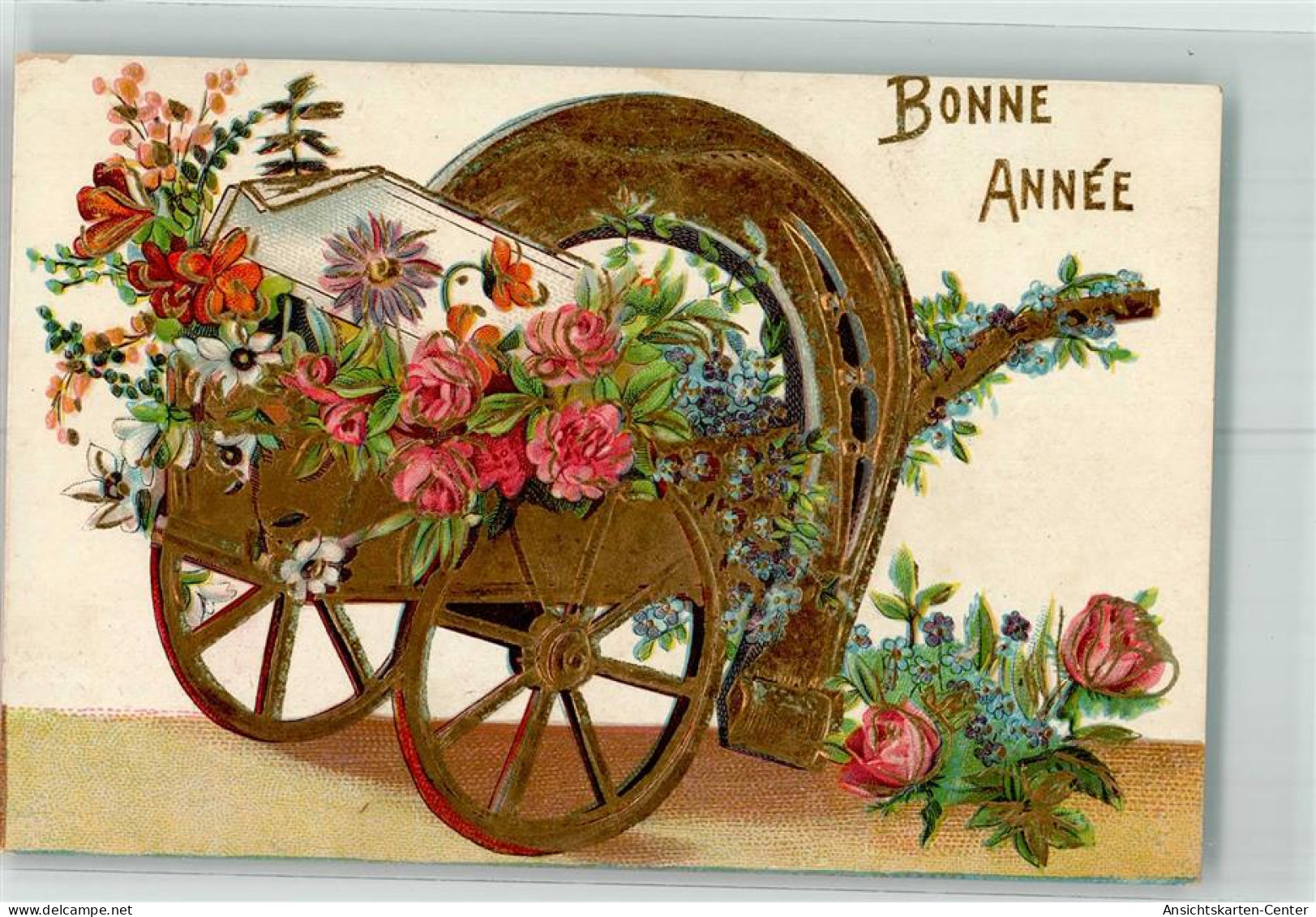 39743709 - Bonne Annee  Hufeisen Blumenkarre Rosen Vergissmeinnicht - Neujahr