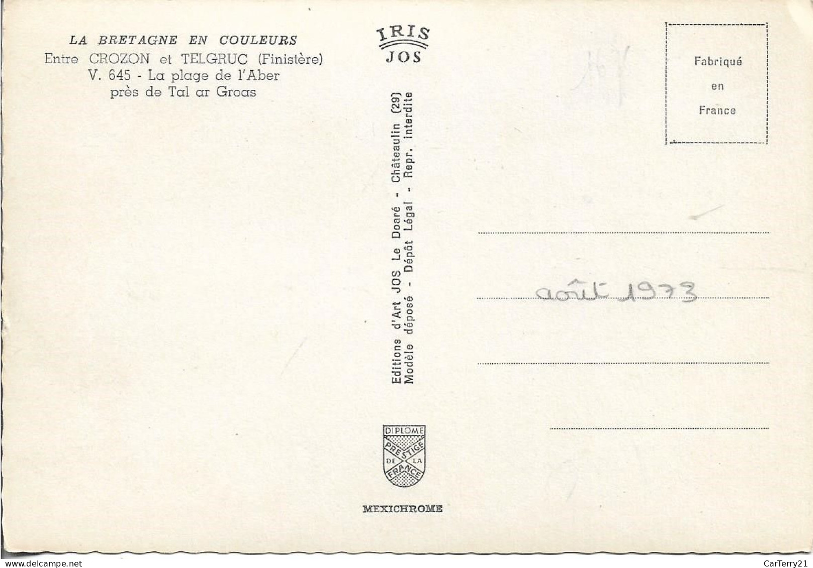 29. ENTRE CROZON ET TELGRUC. PLAGE DE L'ABER PRES DE TAL AR GROAS. 1973. - Autres & Non Classés