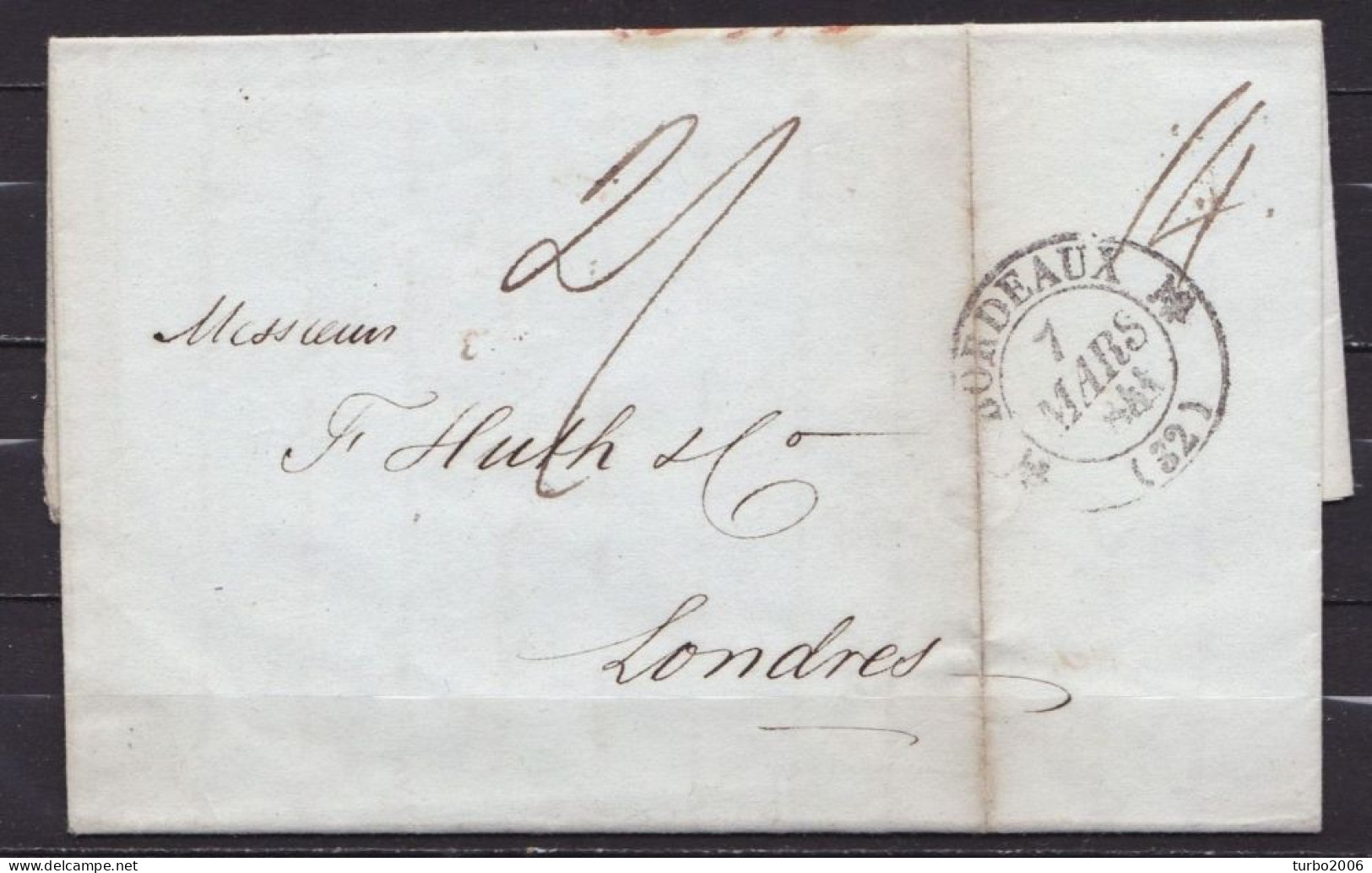 France Folded Letter 1841 From Bordeaux Via Paris To London Written "2" And "14" Arrival "H 1841" In Red. - 1801-1848: Vorläufer XIX