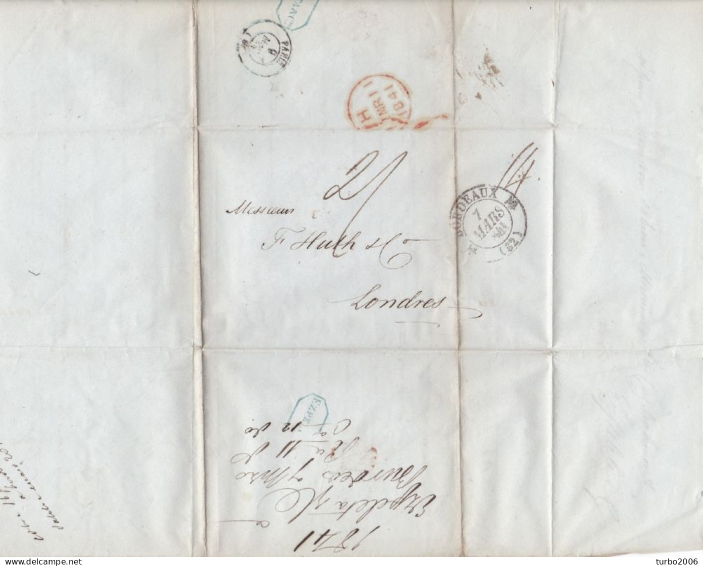 France Folded Letter 1841 From Bordeaux Via Paris To London Written "2" And "14" Arrival "H 1841" In Red. - 1801-1848: Precursors XIX