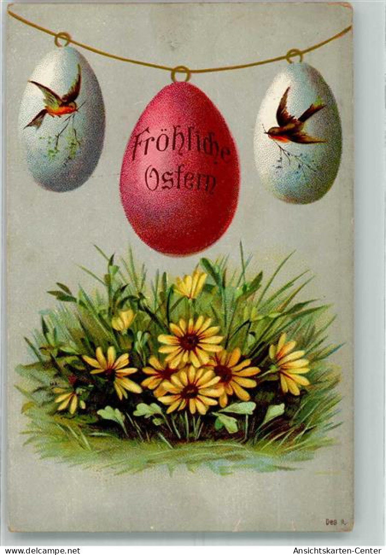 39784709 - Froehliche Ostern Ostereier An Einer Leine Ueber Einer Blumenwiese Und Fliegende Schwalben - Pâques