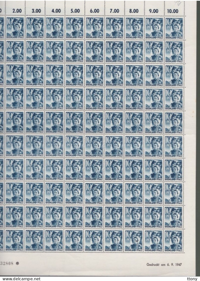 100   Timbres **    10 Pf   Coin Daté  1947  Feuille Entière Zone Française    Rhénanie-Palatinat - Rhénanie-Palatinat